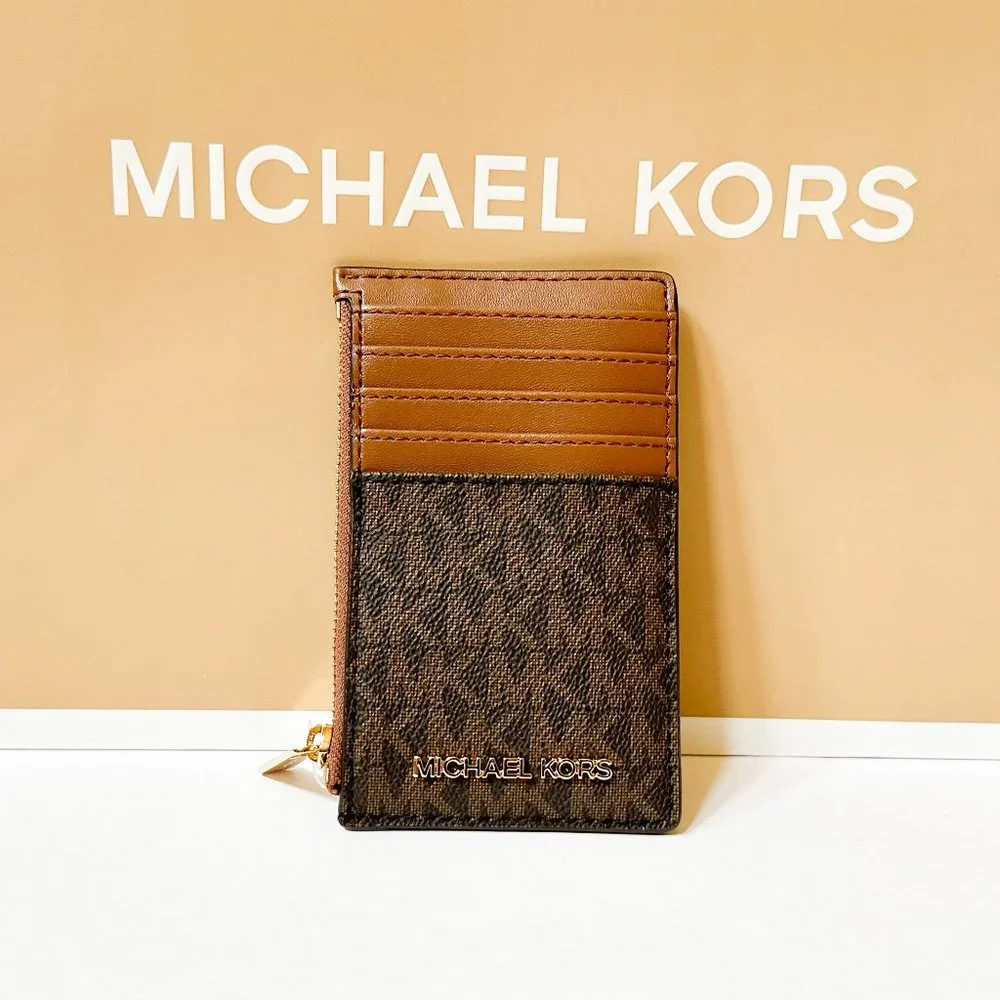 Michael Kors Jet Set Travel Top Zip Card Case Wallet MK Brown